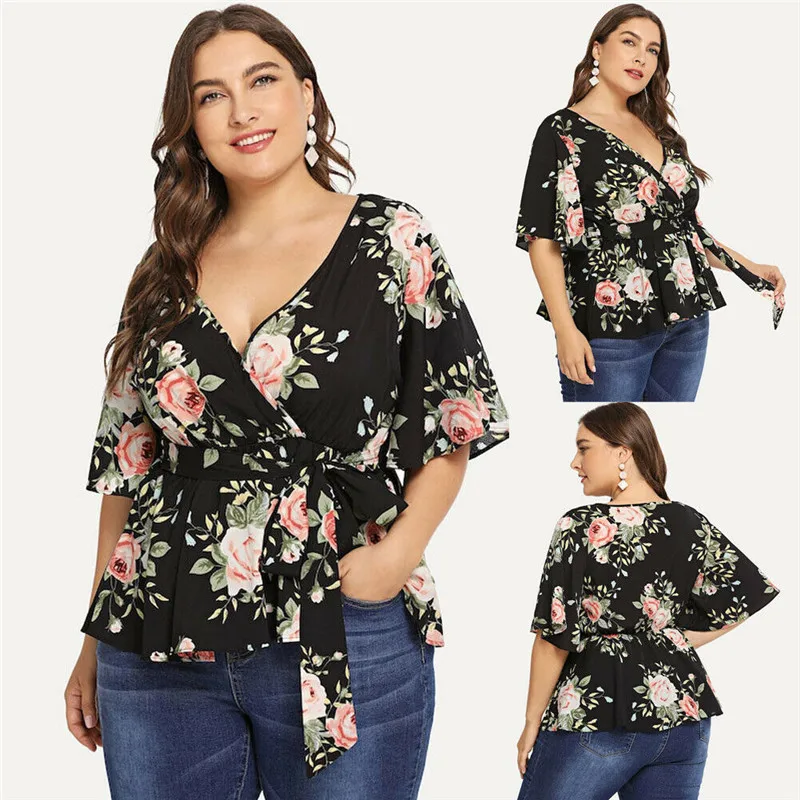 

Summer Women's Casual Top Half Sleeve V-neck Floral T-Shirt High Waist Loose T-Shirt