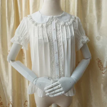 

Summer White Chiffon Lace Peter Pan Collar Short Sleeve Shirt Women Shirts Blouses Gothic Lolita Blouse Femme Ete 2018