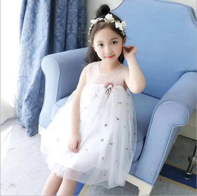 girl tulle embroidery dresses summer kids sleeveless dress sweet girls princess dresses fashion high-grade children dress