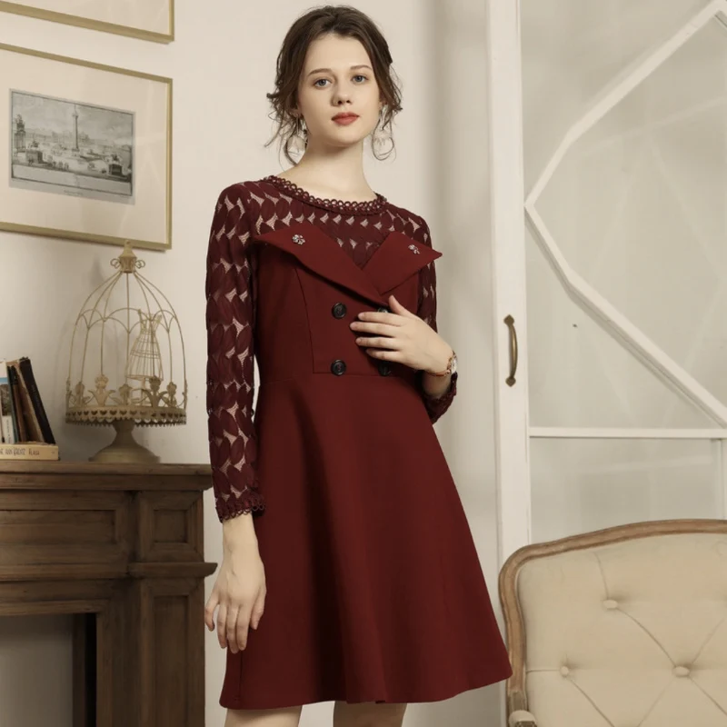 dress Dresses Women's Clothing Large size women's autumn dress fake two-piece lace stitching slim dress