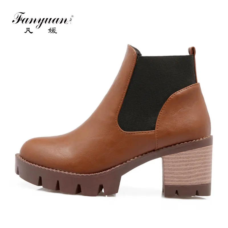 

Fanyuan woman Ankle Boots high heel Platform Boots Solid Elastic Band shoes Big size lady Dress/Casual Block Heels Snow Boots