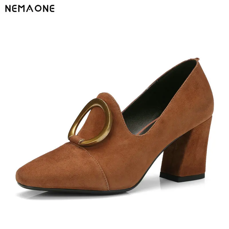 

NNEMAONE Suede leather women Pumps 7cm Thick High Heels Ladies Shoes Round Toe metal Shoes woman Size 34-42