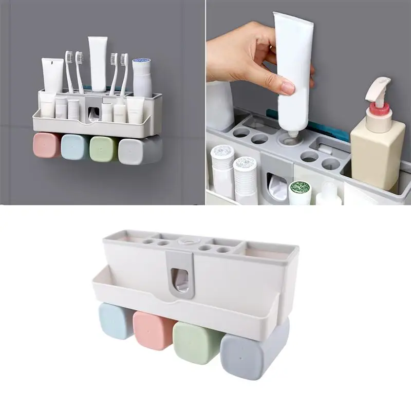 

1 Set Lazy Wall Mounted Toothpaste Squeezer Toothbrush Holder Multifunctional Automatic Rack For Kitchen Bathroom(4pcs Cup Set)