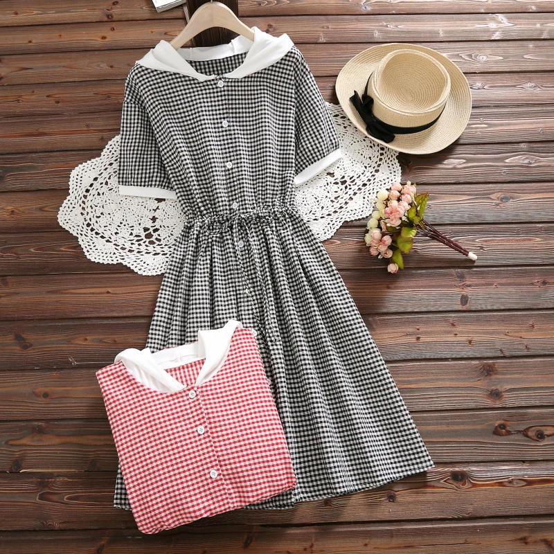 

2019 summer new cotton commuter sweet small fresh plaid hooded short-sleeved lace elastic waist long dress