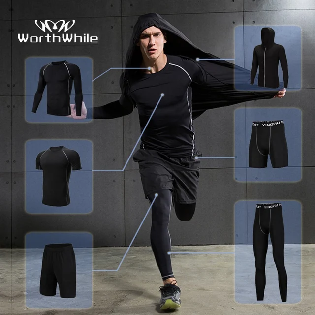 US $6.88 WorthWhile Mens Tracksuit Compression Sports Suit Gym Fitness Clothes Running Jogging Sport Wear T