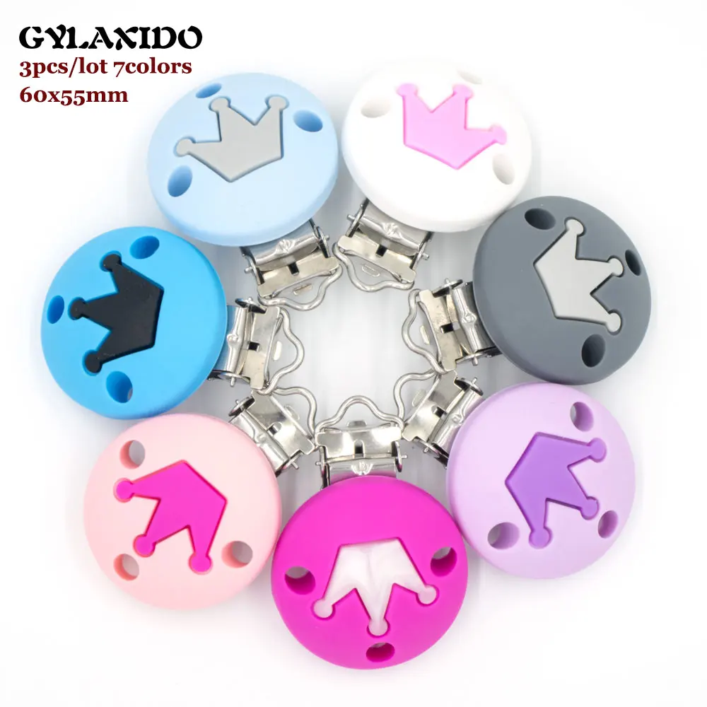 

3Pcs Silicone Crown Pacifier Chain Clip Infant Soother Clasp Adapters Attachments Stainless Nipple Holder Baby Products Teething