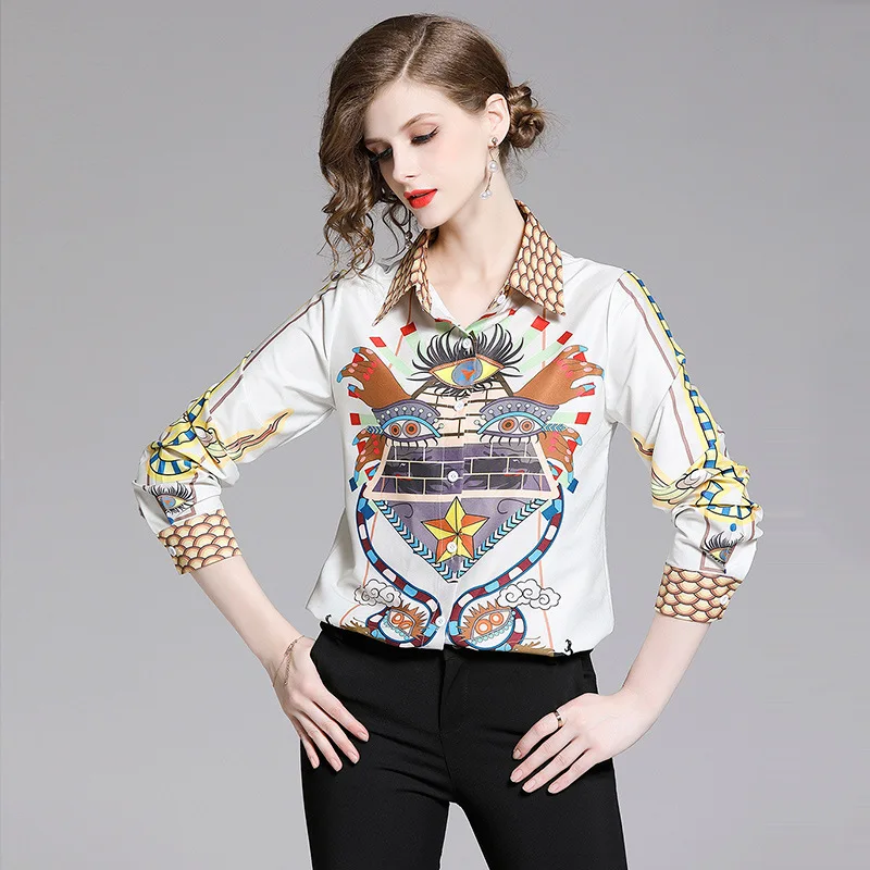 

2019 New Full Sleeve Casual Vogue chiffon Print shirt spring summer Slim Temperament beautiful Blouse Women wear A10-32