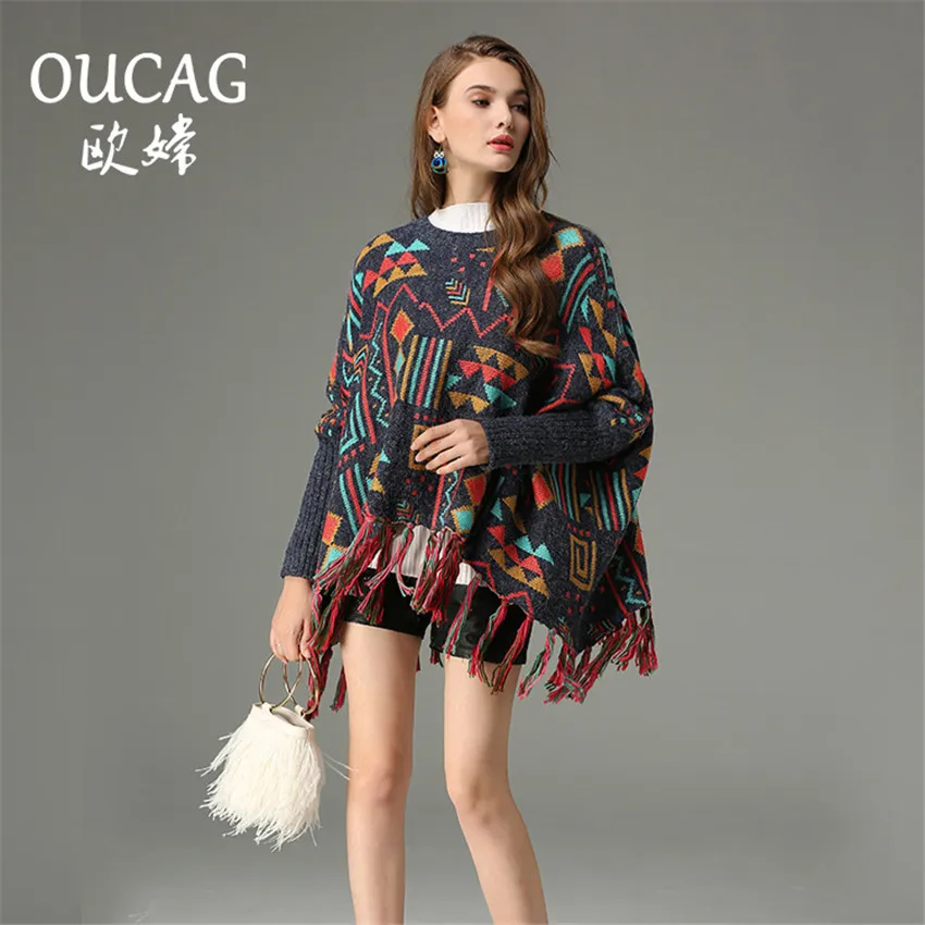 OUCAG New Autumn Winter O-Neck Cape Vintage Coat Hedging Women Bat Shawl Loose Sweater Ladies Fringed Trend Cloak | Женская одежда