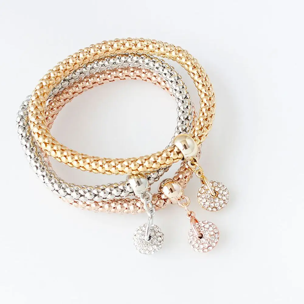 

3 Pcs/Set Crystal Ball Pendant Charm Elastic Bracelets Multilayer Bracelet Bangle Popcorn Chain Nice Special Gift For Lover