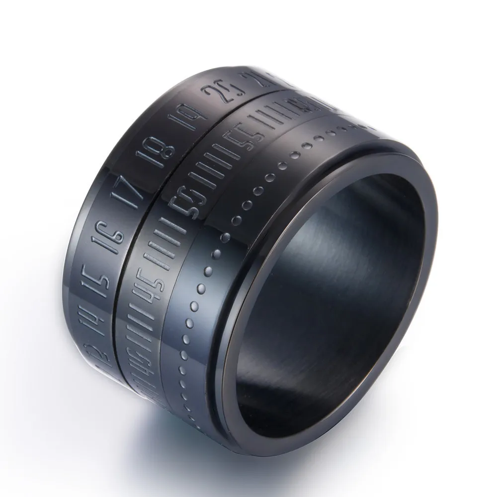 

Unique Wide Rotatable Time Number Clock Style Black Stainless Steel Finger Band Ring Classical Ring