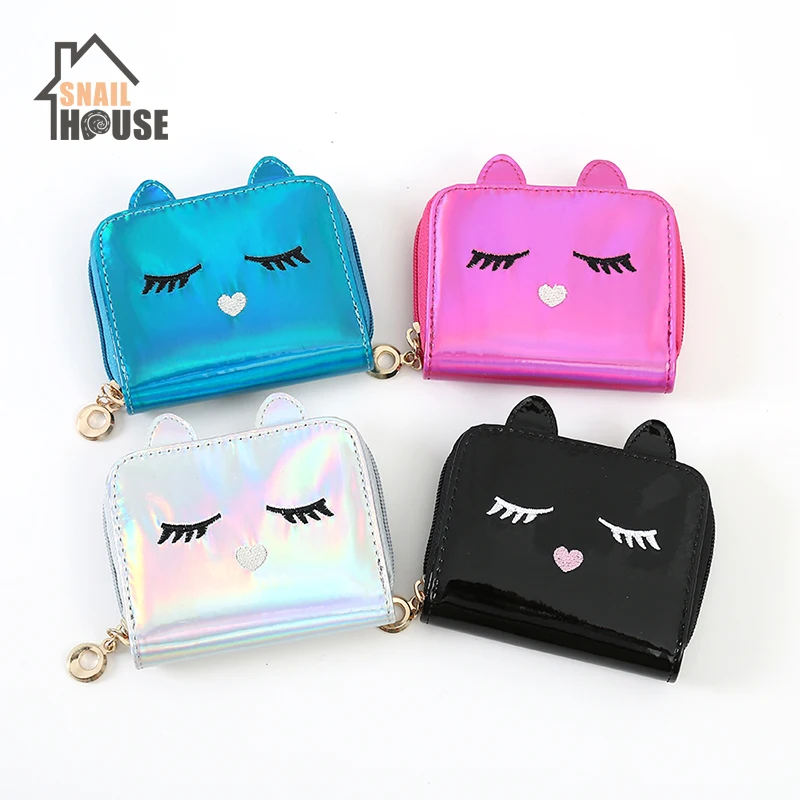 

Snailhouse New Female Laser Short Women Cute Cat Small Coin Purse Pu Leather Zipper Card Holder Wallet Money Bag organizer