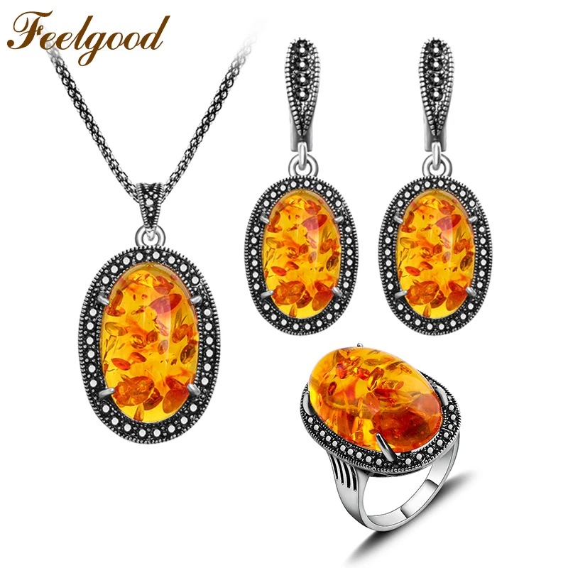 

Feelgood Jewellery Set Vintage Silver Color Fashion Oval Pendant Necklace Earrings Ring Jewelry Sets Women Party Birthday Gift
