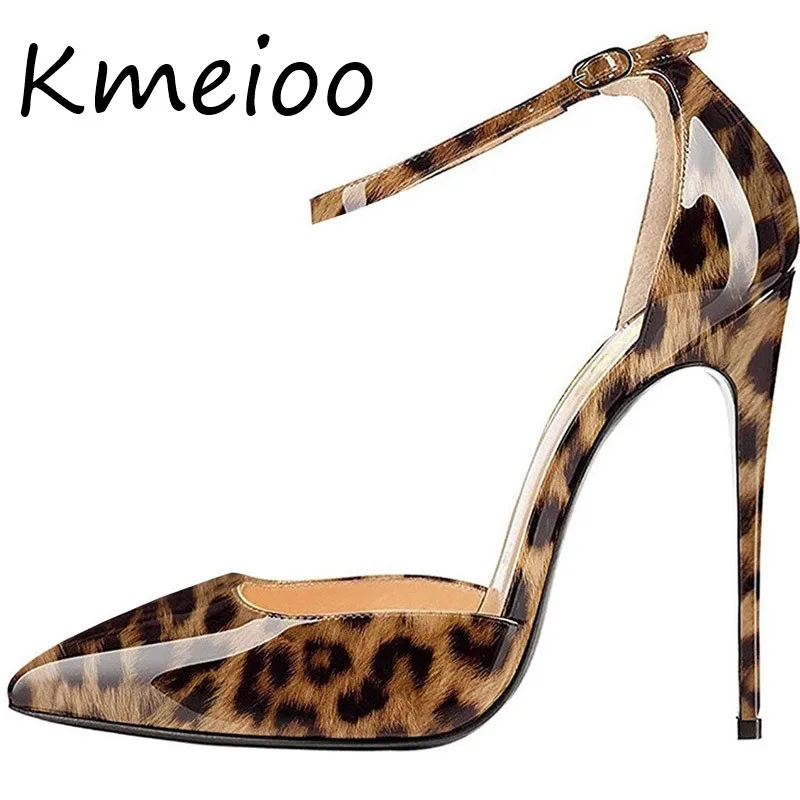 

Kmeioo Women Leopard Sandals Super High Heels 12CM Pointed Toe Thin Heels Ankle Strap Shoes Evening Wedding Shoes summer sandals
