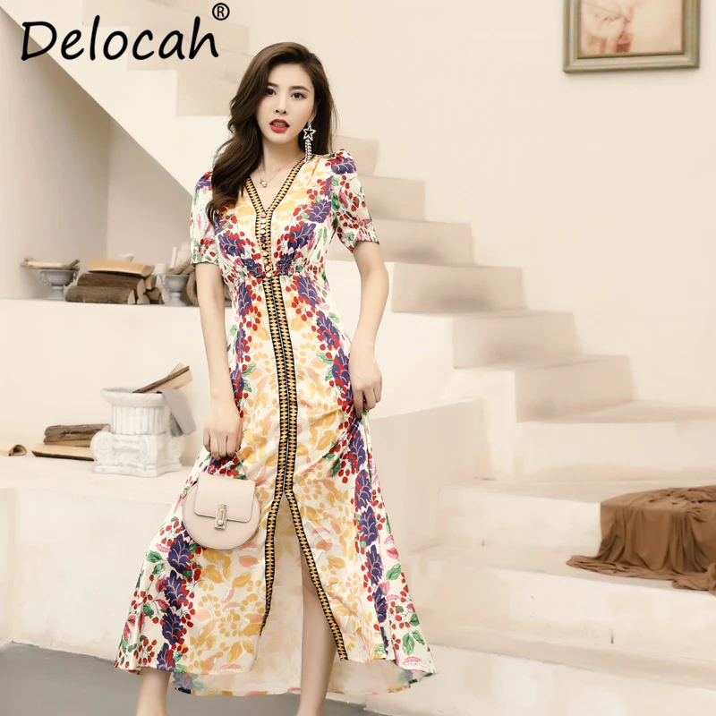 

Delocah Runway Fashion Summer Dress Women's Sexy V-Neck Button Floral Printed High Waist Elegant Vintage Holiday Long Dresses