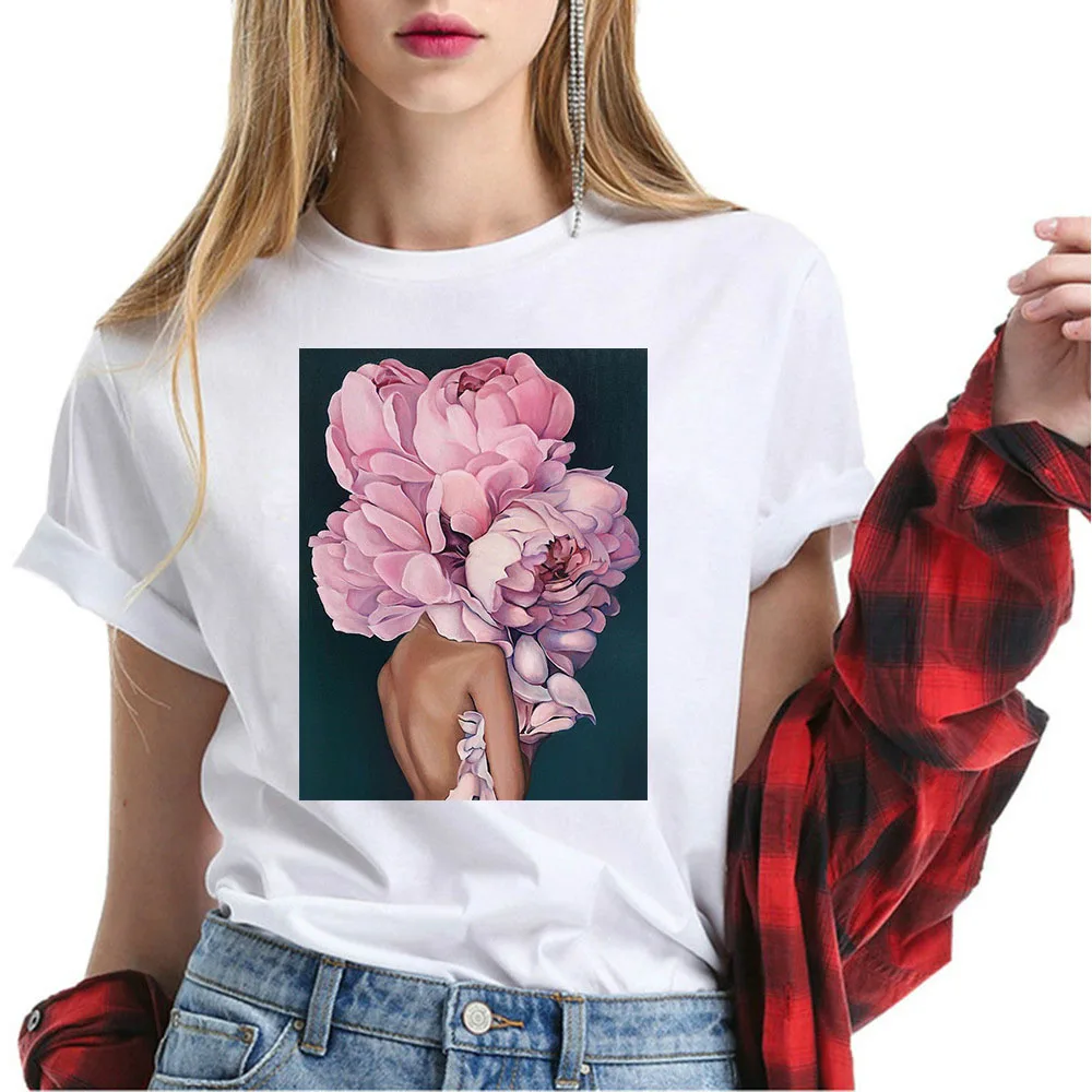 

Fashion T Shirt Women 2019 New 100% Cotton Harajuku Aesthetics Tshirt Sexy Flowers Feather Print Tops Casual Couple T-shirt