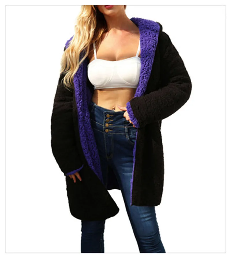 European and American plus-size high quality color matching coat with plush hooded overcoat on both sides (13)