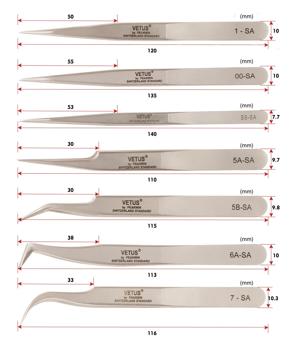 VETUS SA серии пинцет для наращивания ресниц Высокоточная антимагнитная антикислотная нержавеющая сталь пинцеты ресниц