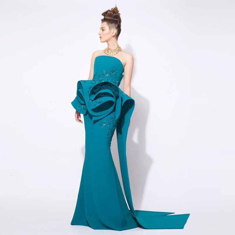 Бирюзовое модное платье русалки для выпускного вечера, арабское вечернее платье без бретелек с баской, расшитое бисером, потрясающее вечернее платье