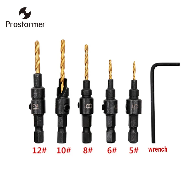 

PROSTORMER 5Pcs Hex Handle Cone Hole Drill Titanium Coating hole Drilling Woodworking Countersunk Drilling Hole Hardware Tool