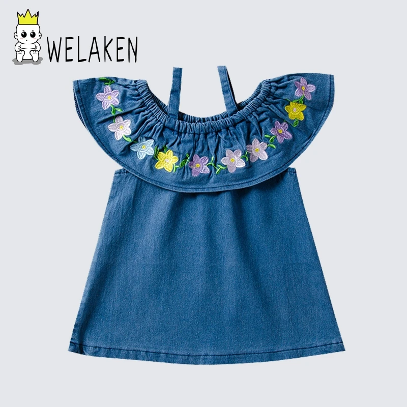

welaken Dress For Toddler Girls Summer Fashion Butterfly Sleeve Denim Breathable Dress For Baby Kids Children's Dresses