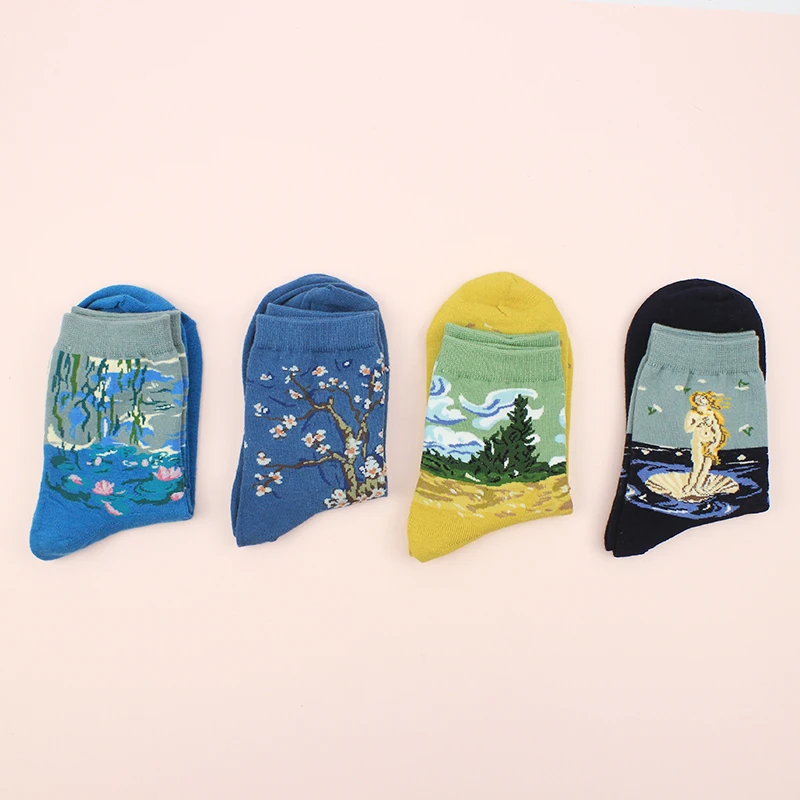 4 пары, женские короткие Дышащие носки с забавным рисунком, с пейзажным рисунком, с низкой лодыжкой, цветные, японский стиль, ленивые носки хараюку