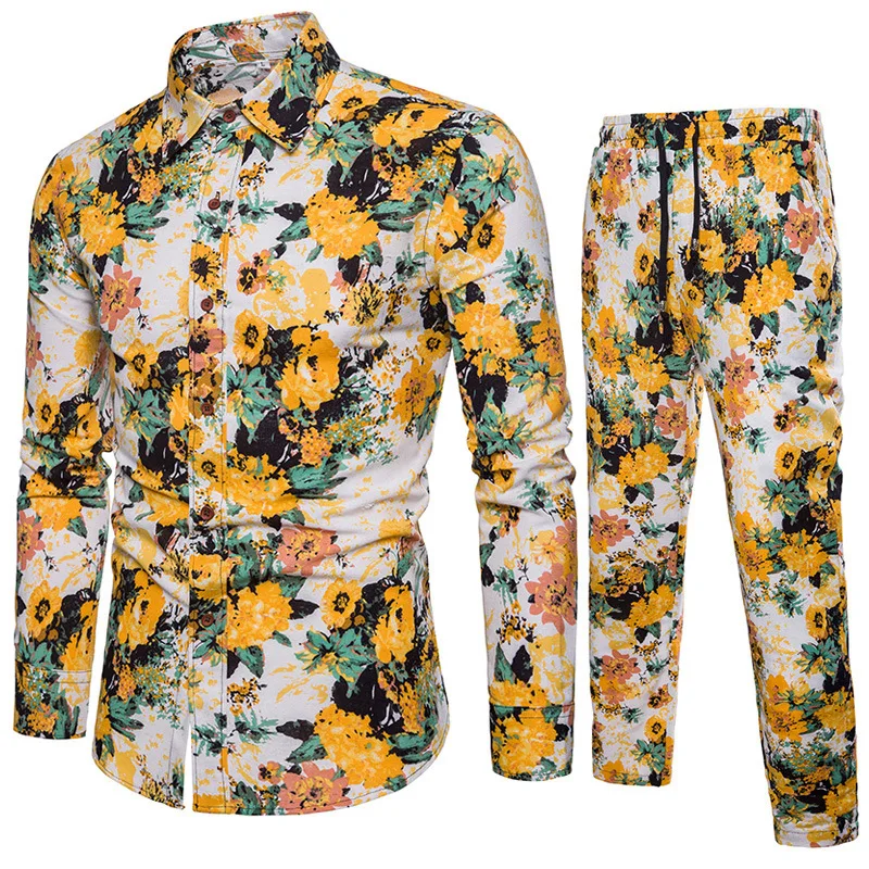 

FDWERYNH Fashion Flower Printed Men Set Long Pant Casual 2018 Holiday Vacation Clothing Suit Beach Party Clothes Sets