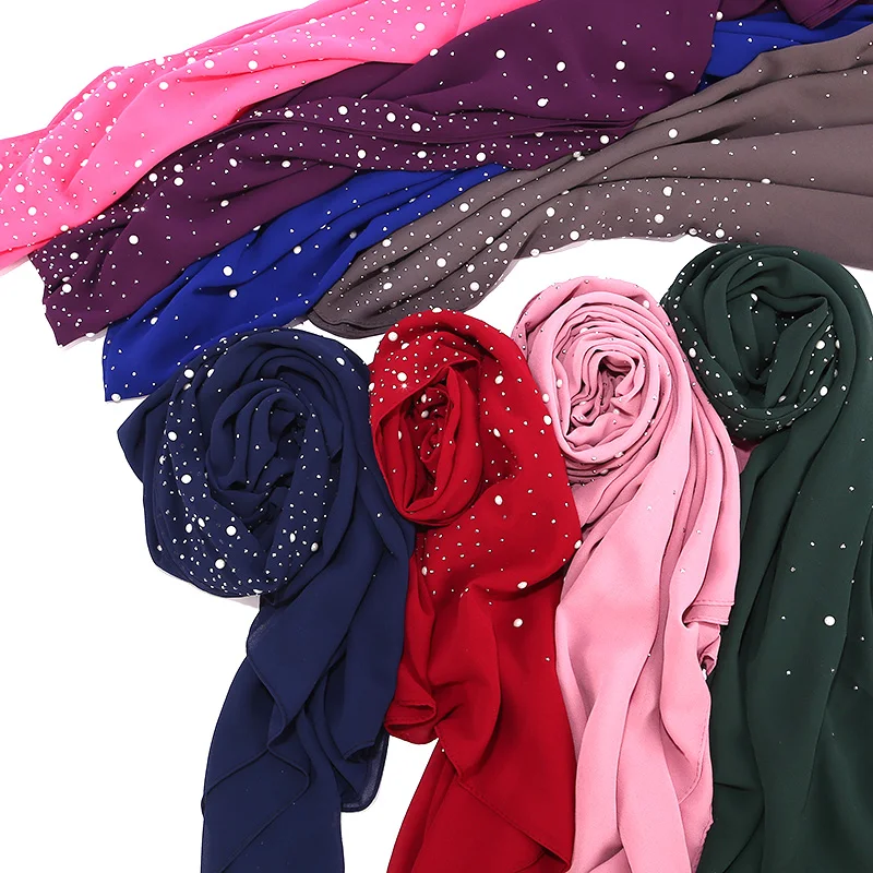 1 шт., новинка, Женский шифоновый шарф с пузырьками и стразами, шарф с жемчугом, простой хиджаб, шали, палантины, сплошной цвет, мусульманский хиджаб, шарф