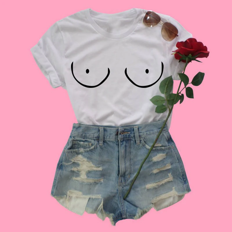 

EnjoytheSpirit Women T Shirt Funny Fake Boobs Printing Feminist Tshirt Anti Bra Person Crewneck Short Sleeve Cotton Top