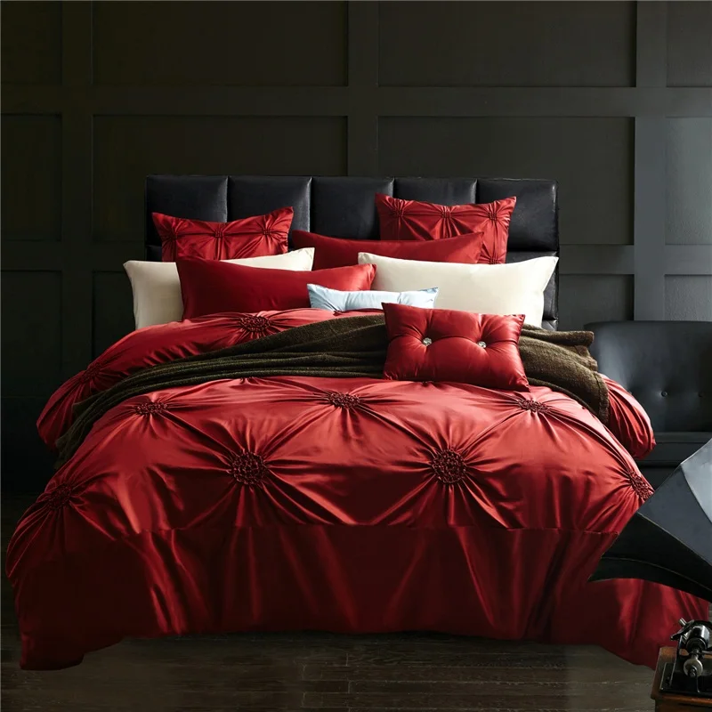 

Red Silk Cotton Luxury Bedding set Queen/King Size Bed set Luxury Wedding Bed Cover Bedsheet Duvet cover set Pillowcase