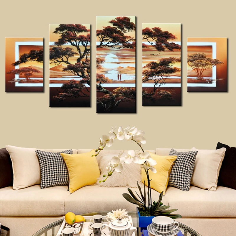 Modern Hand Painted Abstract Tree Sunrise Wall Decor Pictures Landscape Canvas Unframed 5 Panel