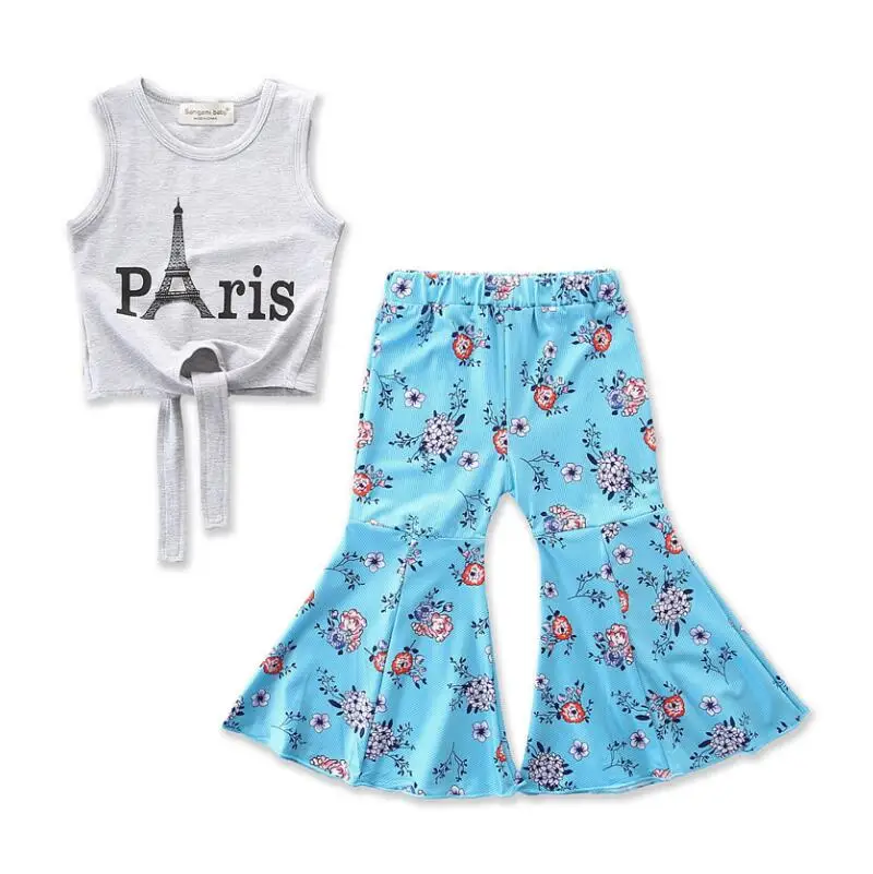 Одежда для новорожденных девочек; жилет; Топ; футболка; широкие брюки с цветочным принтом; Повседневная хлопковая одежда; комплекты одежды