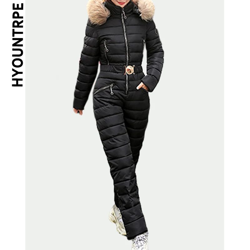 Элегантный женский лыжный костюм на каждый день на молнии, теплая хлопковая стеганая куртка с капюшоном, пальто, однотонный цельный комбинезон, зимние спортивные костюмы