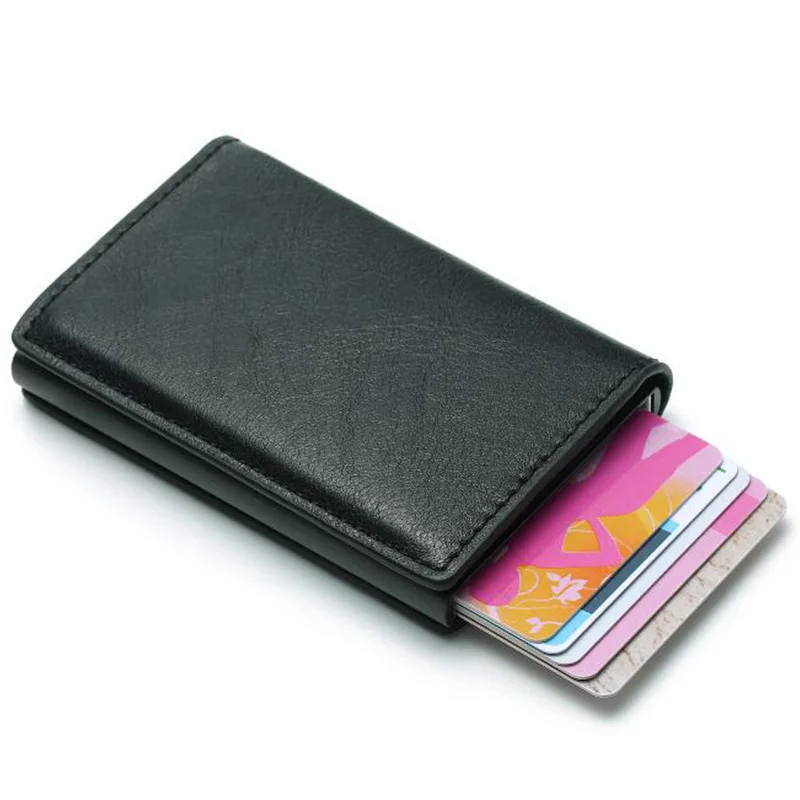 الحماية ضد السرقة الرجال خمر حامل بطاقة الائتمان حجب محفظة بشريحة RFID جلدية للجنسين الأمن المعلومات الألومنيوم إطار محفظة معدنيّة