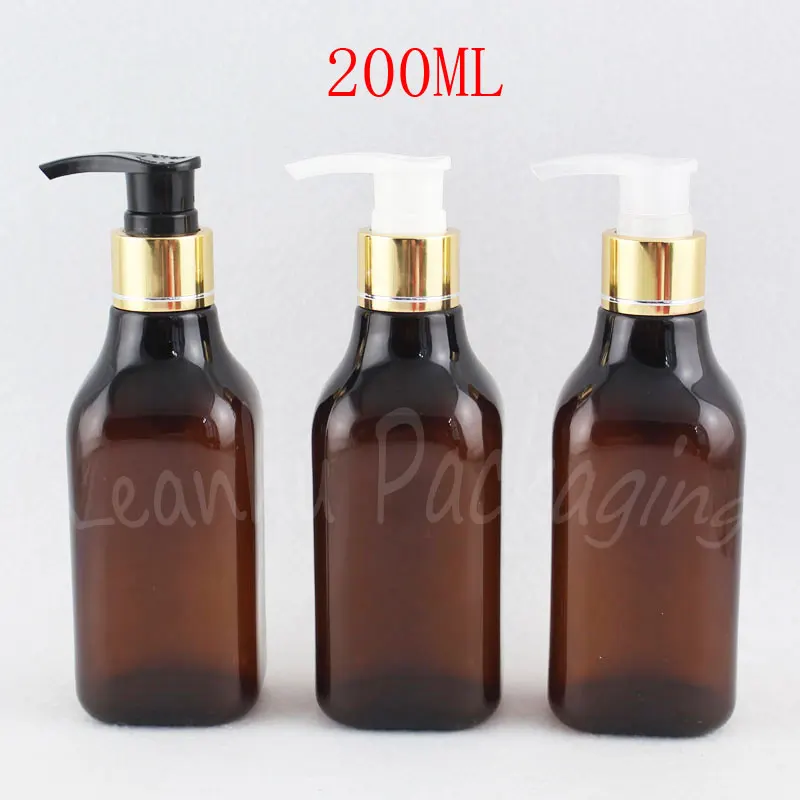 200ML Brown Square Plastic Bottle With Gold Lotion Pump , 200CC Lotion