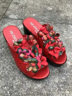 GKTINOO; Летняя женская обувь; шлепанцы на танкетке; Босоножки на платформе; удобные женские шлепанцы ручной работы из натуральной кожи с цветочным узором
