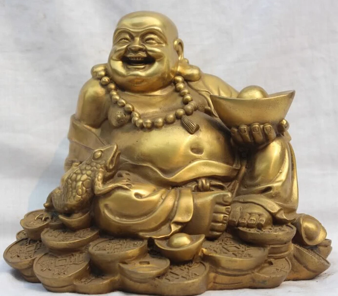 

JP S62 Home Decorate Pure Brass Happy Laugh Buddha With Yuanbao Spittor Statue (B0328)