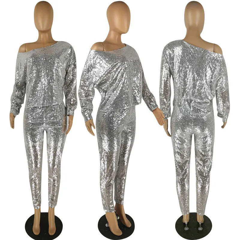 Sexy Silver Sequin Two Piece Sets Women 