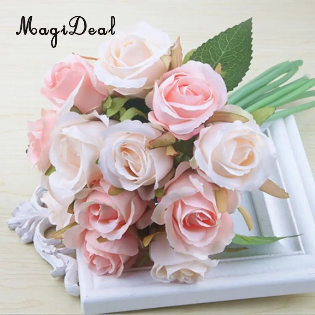 MagiDeal Artificial 12 Branch 25cm Rose Flower Bush Home Decor Wedding Floral Bouquet Potted Table Top Desk Centerpiece