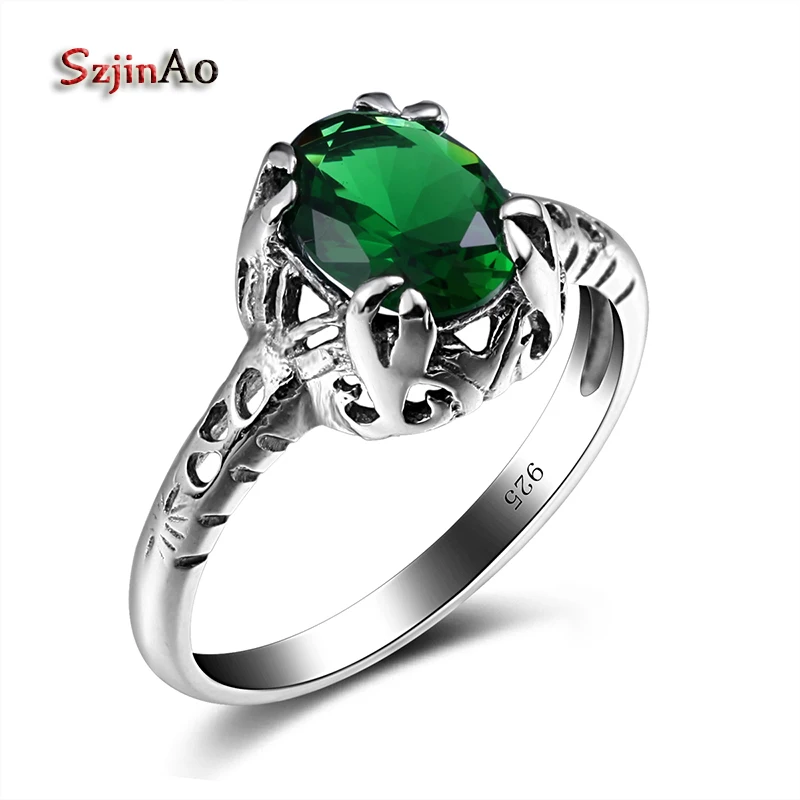 

Szjinao Fancy Green Stone Angel Power Rings For Women Vintage Oval Emeald Punk 925 Sterling Silver Tibet Jewelry Bridal bijoux