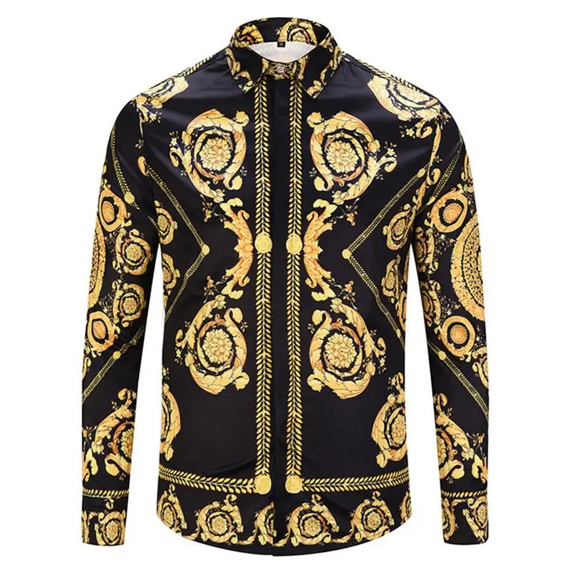 Черная рубашка с золотым принтом, новинка, приталенные вечерние рубашки в стиле барокко, Клубная Мужская рубашка Camisa Homem, мужская рубашка с длинным рукавом, Размер 2XL, хип-хоп