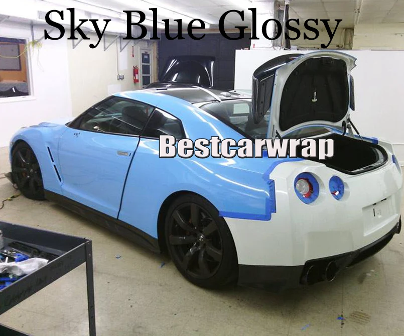 Sky Blue Glossy Vinyl Wrap with air bubble Free Shiny Baby Blue gloss Car Wrap styling foil Car