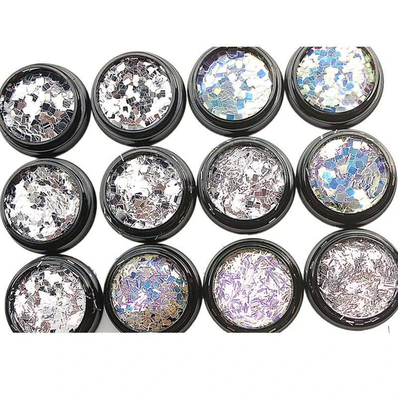 

12 Jars/Pack Holographic Nail Mermaid Flakes 3ml/Jar Flake Glitter Spangles Square/Round/Strip Nail Art Glitter Flake Decoration