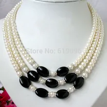 Mujer Природный Потрясающие 8 мм 3 пряди белый жемчуг ожерелье с черными камнями Свадебные слово Изысканные moda