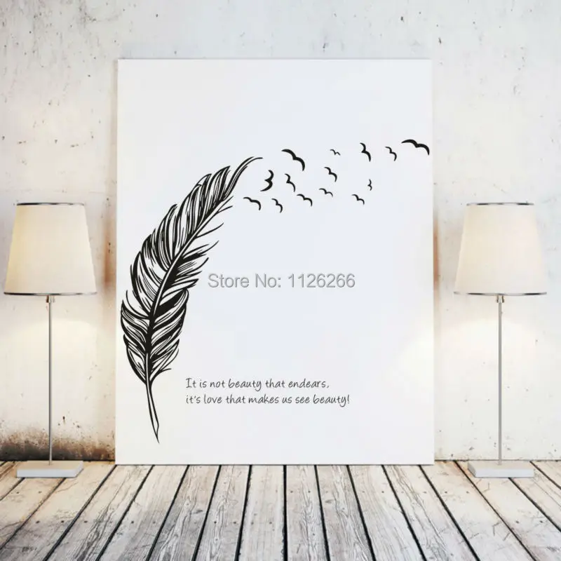 

Inspirational Quotes It Is Not Beauty That Endears Wall Sticker Feather Art Pattern Birds Vinyl Letters Living Room Home Decor