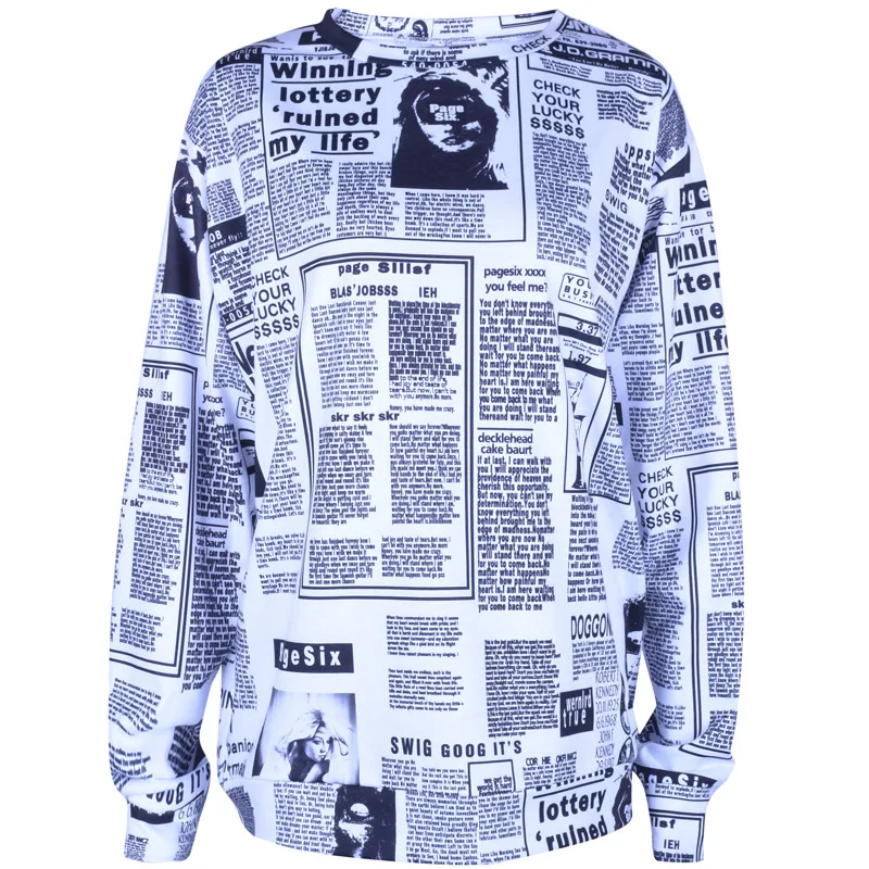 Black and White Newspaper Print Sweatshirt Casual Letter