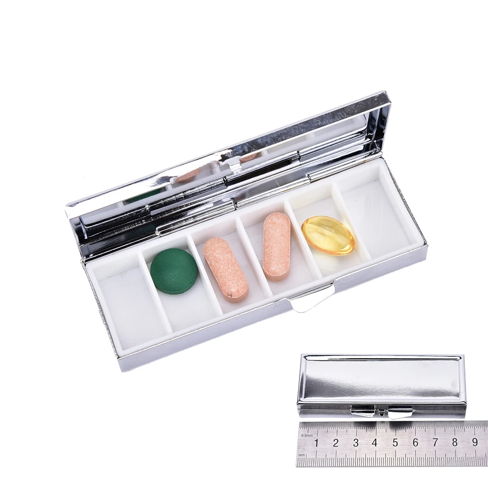 

1PCS Rectangle Pill Boxes Metal Pill Container 6 Grids Mini Portable Travel Case 85*35*15mm