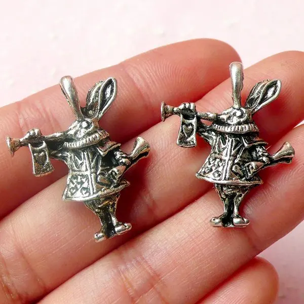 

8pcs 3D Wonderland / Bunny Rabbit Charms (28mm x 22mm / Tibetan Silver / 2 Sided) Pendant Bracelet Zipper Pulls Keychain