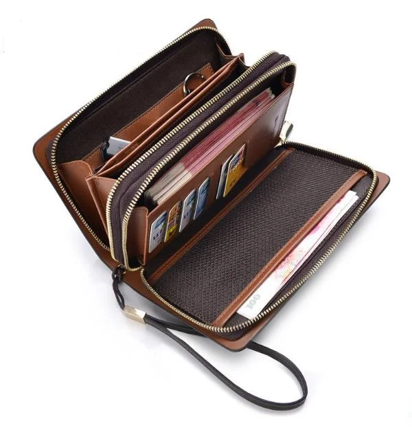 

New HIGH QUALITY men wallets Luxury Large Capacity hollow out wallets men leather Double Zipper clutch card holder coin purse