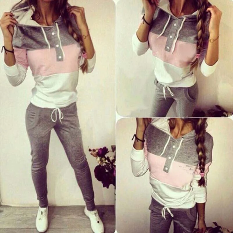 

Stripe Patchwork 2 Two Pieces Set Top and Pant Women Button Drawstring Tracksuits 2018 Breasted Suits Hoodies Sweatshirts **