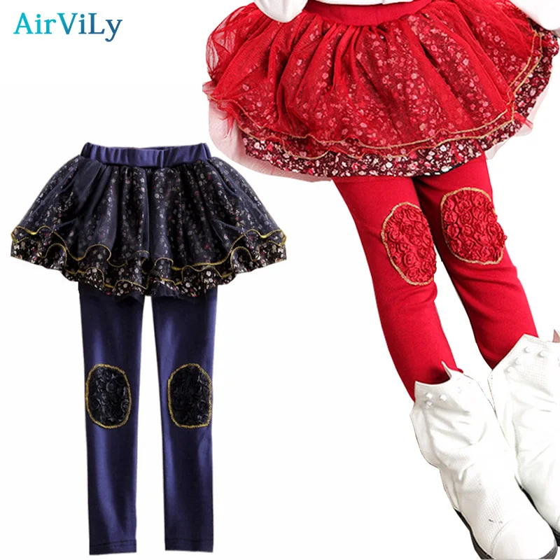 Kids Skirt-Pants Cake Skirt 2018 Spring Autumn Baby Girls Leggings Lace Floral Printed Slim Pants Children Cotton Tutu Trousers contrast binding slit hem printed skirt